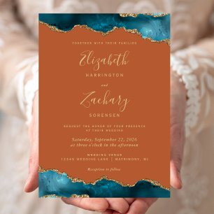 Invitation Mariage Moderne Sarcelle Or Agate Orange Brûlé