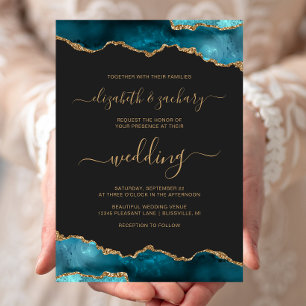Invitation Mariage Moderne Sarcelle Or Agate Script Sombre