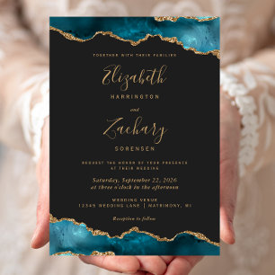 Invitation Mariage Moderne Sarcelle Or Agate Sombre