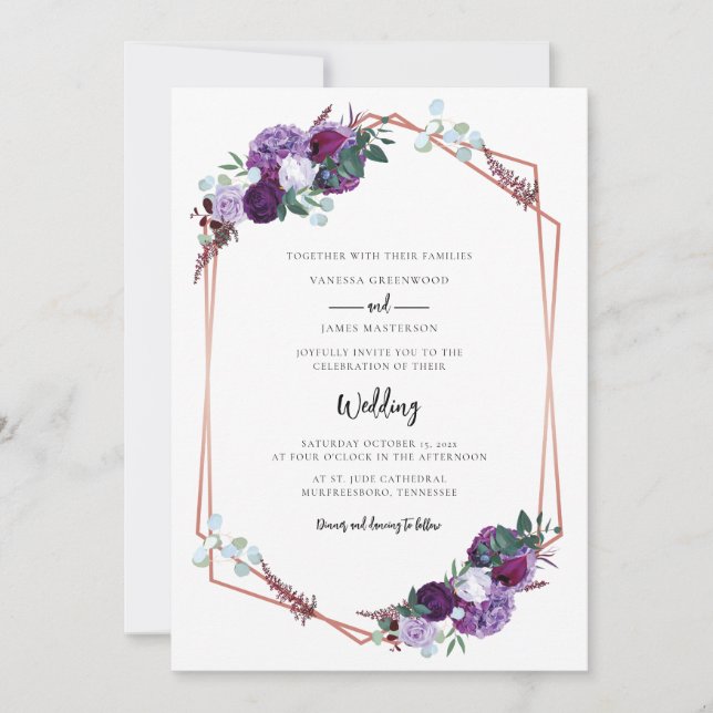Invitation Mariage Moderne Script Fleur Violet en Fleur (Devant)