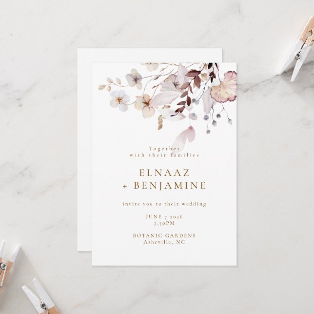 Invitation Mariage Moderne Simple d'Automne avec Fleurs Séché (Devant/Arrière en situation)