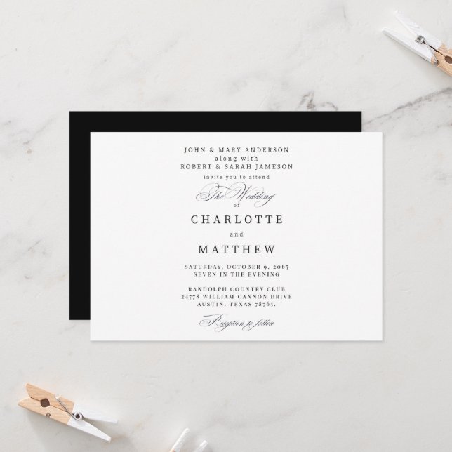 Invitation Mariage Moderne Simple des Deux Parents Noir & Bla (Devant/Arrière en situation)