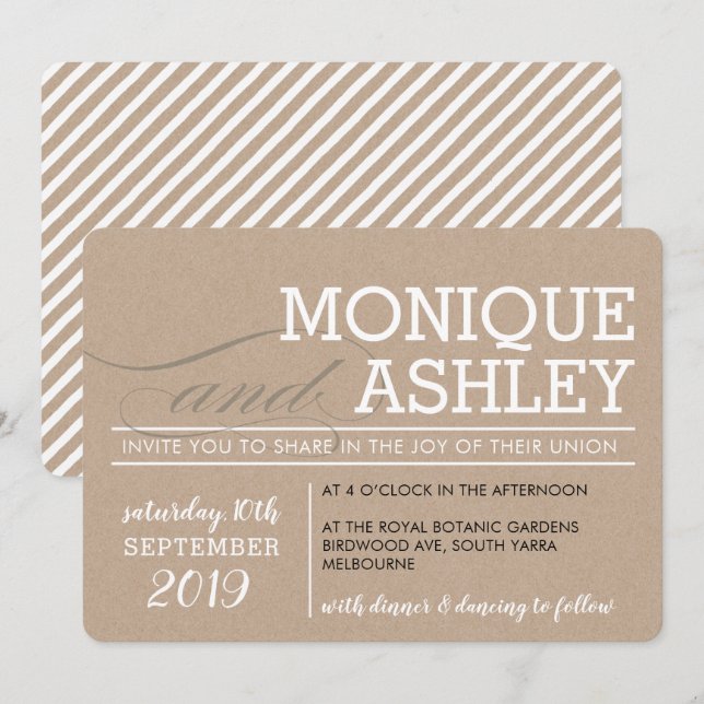 Invitation MARIAGE MODERNE simple minimum gras kraft blanc (Devant / Derrière)