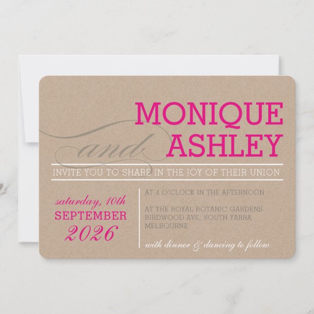 Invitation MARIAGE MODERNE simple texte gras rose kraft blanc (Devant)