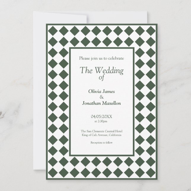 Invitation Mariage Moderne Simple Vert Foncé à Carreaux (Devant)