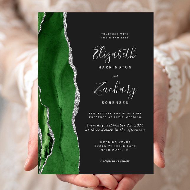 Invitation Mariage Moderne Sombre Vert Chasseur Agate Argent (Créateur téléchargé)