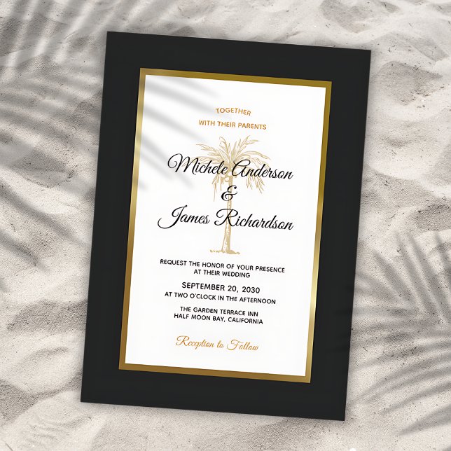 Invitation Mariage Moderne sous l'Arbre Palmiste Noir Tropica (Tropical Black Gold Palm Tree Modern Wedding Invitation)