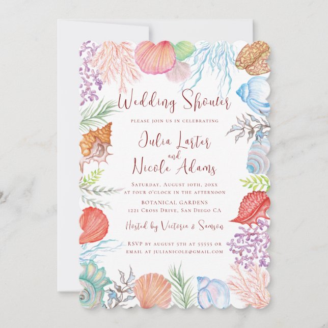 Invitation Mariage Moderne Sous le Thème Coquillages de Plage (Devant)