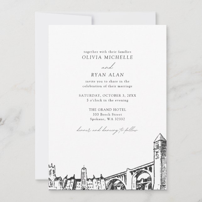 Invitation Mariage moderne Spokane Skyline noir et blanc (Devant)