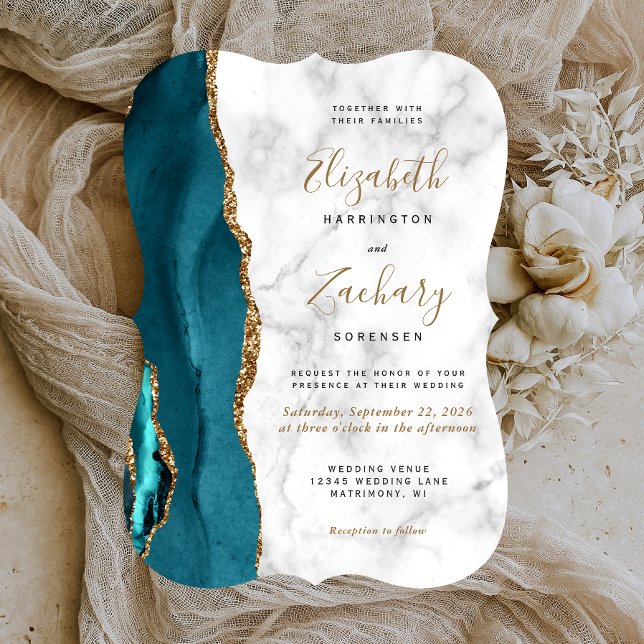 Invitation Mariage Moderne Support Marbre Agate Sarcelle Or (Créateur téléchargé)