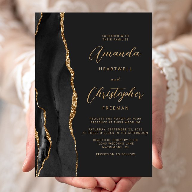 Invitation Mariage moderne sur ardoise avec agate dorée noire (Créateur téléchargé)