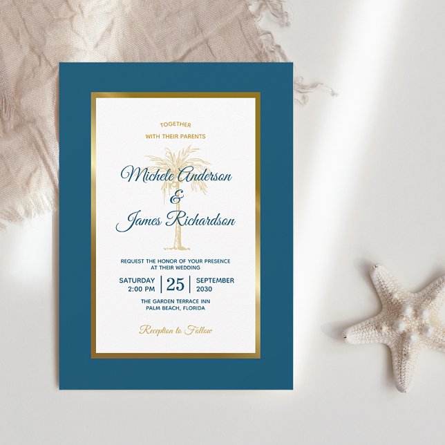 Invitation Mariage Moderne sur la Plage avec un Palmier Bleu  (Créateur téléchargé)