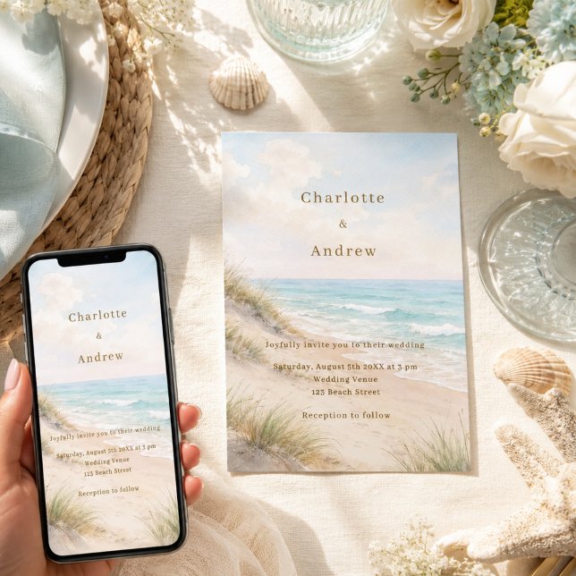 Invitation Mariage moderne sur la plage côtière à l'aquarelle (Créateur téléchargé)