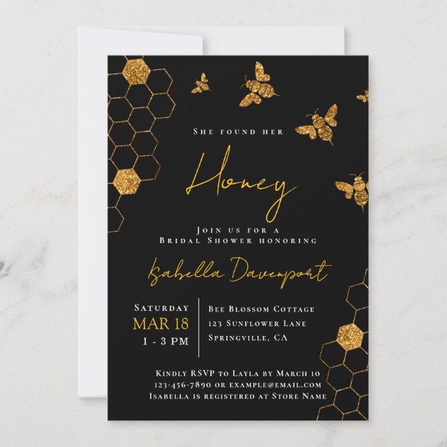 Invitation Mariage moderne sur le thème de l'abeille miel or  (Devant)