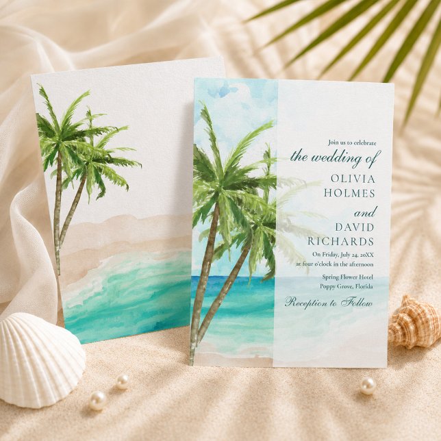 Invitation Mariage Moderne sur une Plage Tropicale avec des P (Modern Tropical Beach and Palm Trees Wedding Invitation)