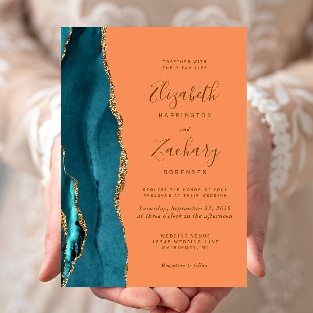 Invitation Mariage Moderne Teal Or Agate Tangerine (Créateur téléchargé)