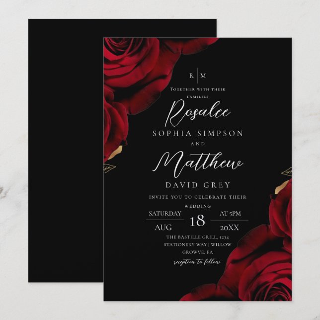 Invitation Mariage Moderne Tendance Bourgogne & Noir Rose (Devant / Derrière)