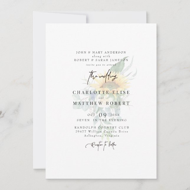 Invitation Mariage Moderne Tournesol Éteint Sage Clair (Devant)