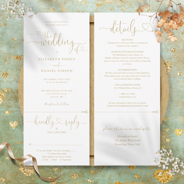 Invitation Mariage Moderne Tout En Un Écriture Cœur Doré (Modern Gold Heart Script All In One Wedding Invitation)
