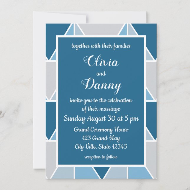 Invitation Mariage Moderne Triangles Géométriques Gris Bleu (Devant)