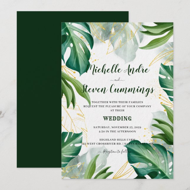 Invitation Mariage Moderne Tropical aux Feuilles Vertes et Do (Devant / Derrière)
