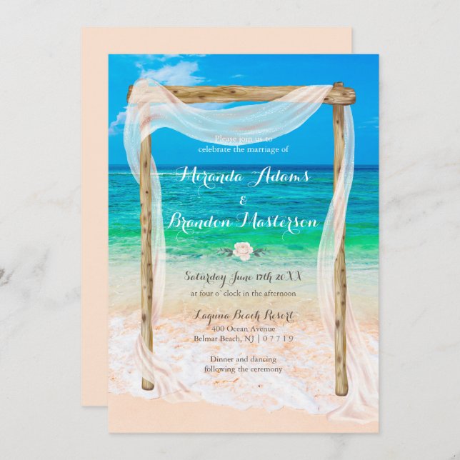 Invitation Mariage moderne Tropical Blue Beach Arbor Boho (Devant / Derrière)