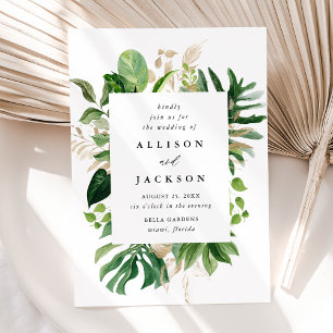Invitation Mariage Moderne Tropical Feuilles Dorées