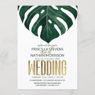 Invitation Mariage moderne Tropical Suisse feuille d'or au fr