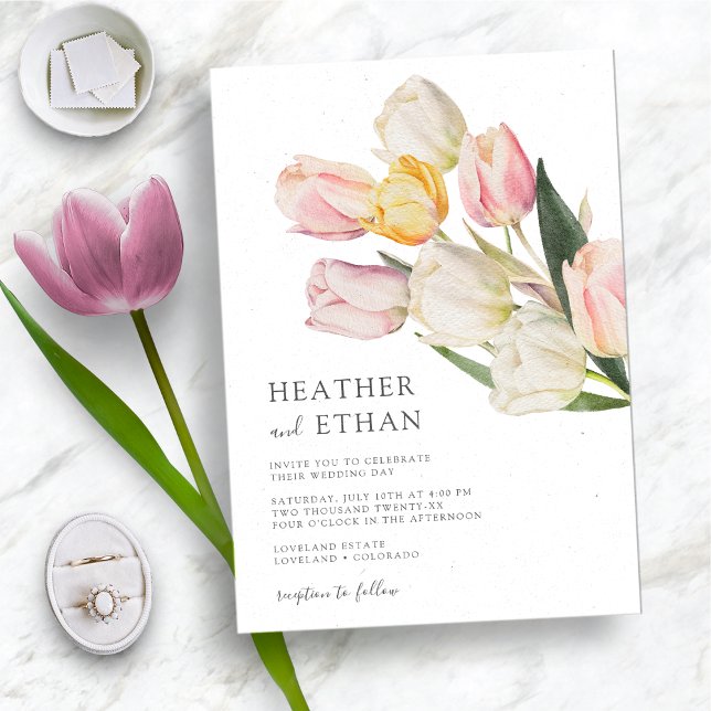 Invitation Mariage Moderne Tulipe (Elegant Watercolor Tulip Modern Wedding Invitation by Painted Paperie
)