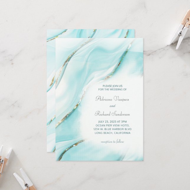 Invitation Mariage moderne Turquoise Agate Inv. (Devant/Arrière en situation)