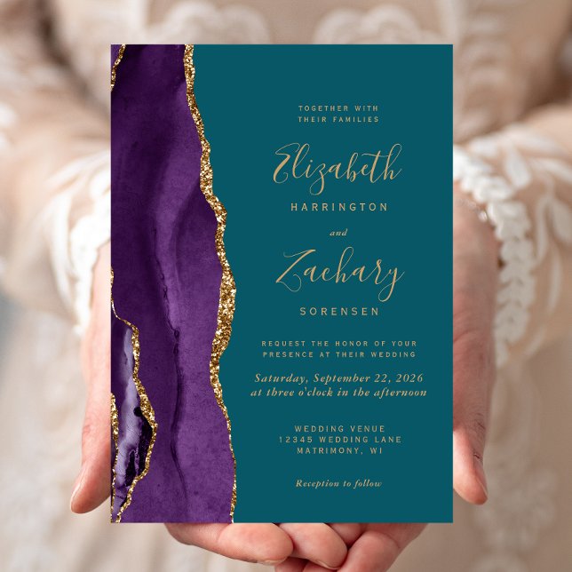 Invitation Mariage Moderne Turquoise Agate Or Violet (Créateur téléchargé)