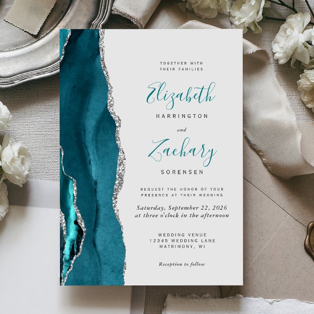 Invitation Mariage Moderne Turquoise Argent Gris Agate (Créateur téléchargé)