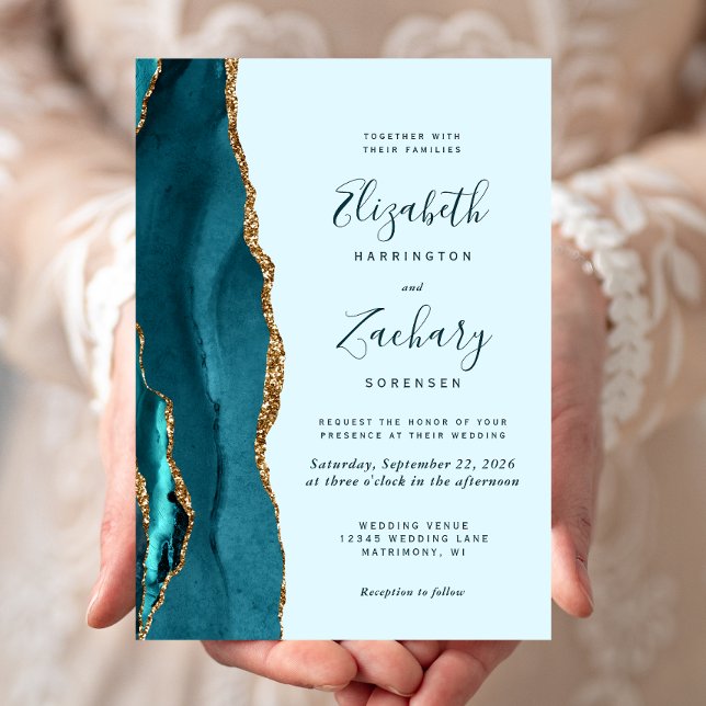 Invitation Mariage moderne Turquoise Blue Gold Agate (Créateur téléchargé)