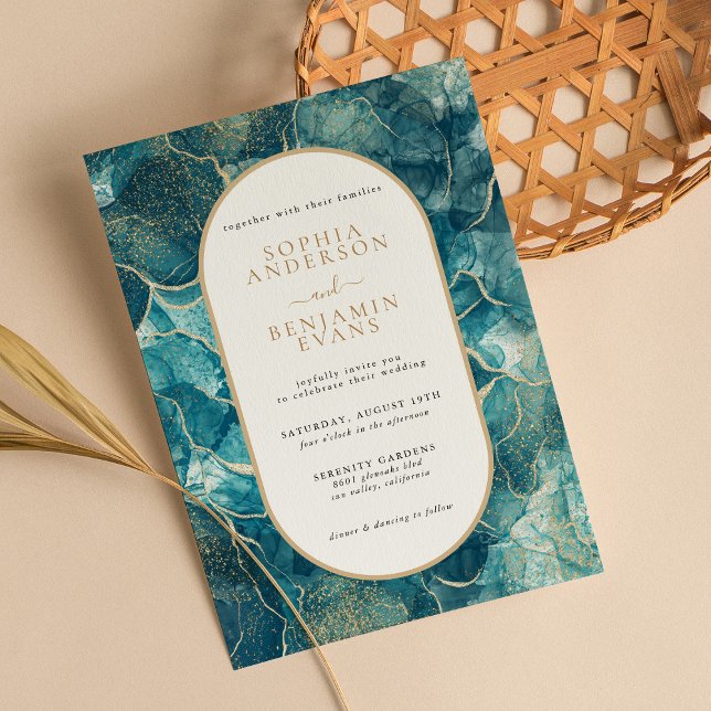 Invitation Mariage moderne Turquoise Gold Agate (Créateur téléchargé)