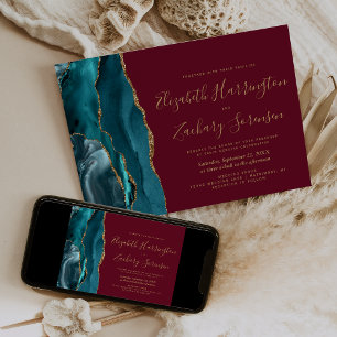 Invitation Mariage Moderne Turquoise Or Agate Bordeaux