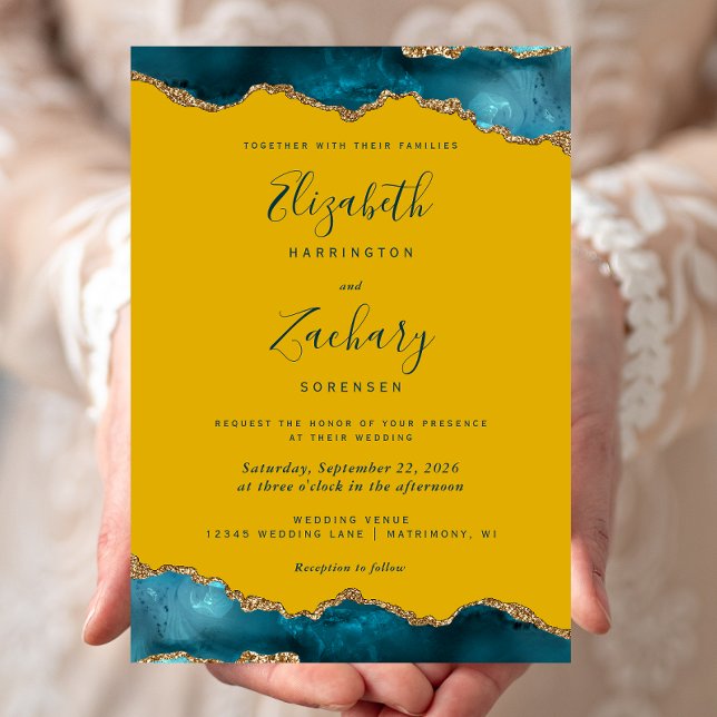 Invitation Mariage Moderne Turquoise Or Agate Jaune Moutarde (Créateur téléchargé)