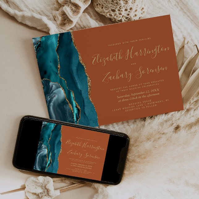 Invitation Mariage Moderne Turquoise Or Agate Orange Brûlé (Créateur téléchargé)