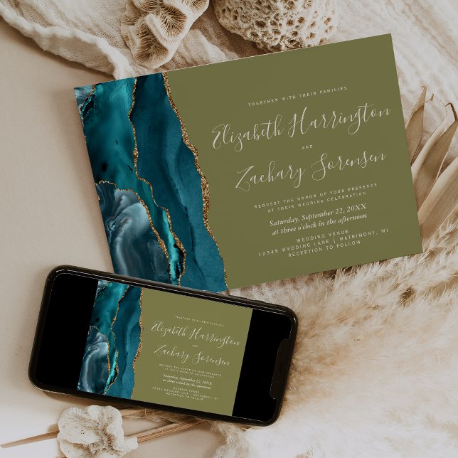 Invitation Mariage Moderne Turquoise Or Agate Vert Olive (Créateur téléchargé)