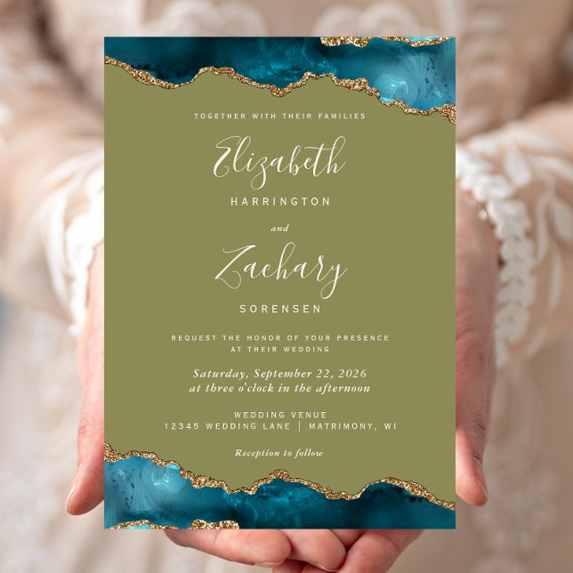 Invitation Mariage Moderne Turquoise Or Agate Vert Olive (Créateur téléchargé)
