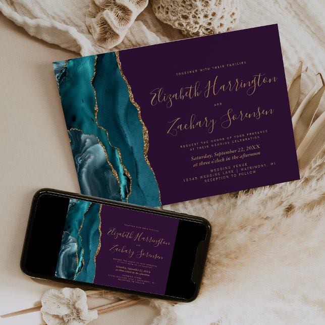Invitation Mariage Moderne Turquoise Or Agate Violet (Créateur téléchargé)
