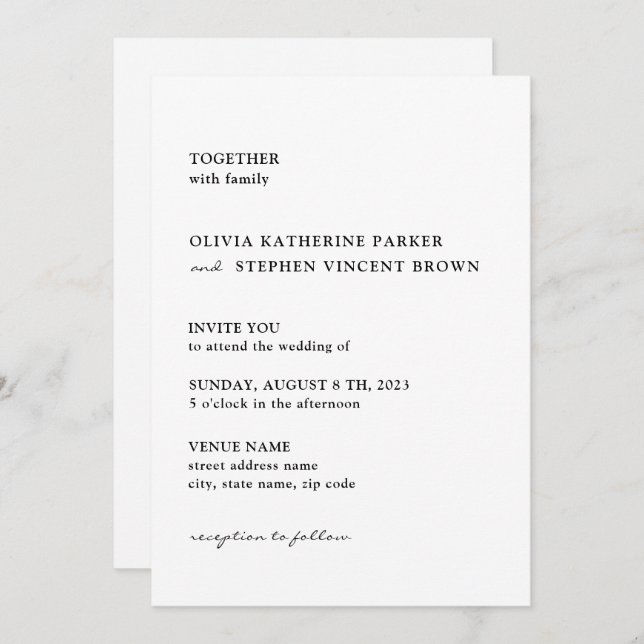 Invitation Mariage moderne typographie noir et blanc (Devant / Derrière)