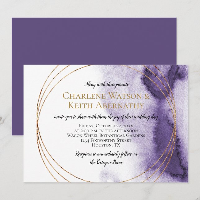 Invitation Mariage moderne Ultra violet violet Cercles or vio (Devant / Derrière)