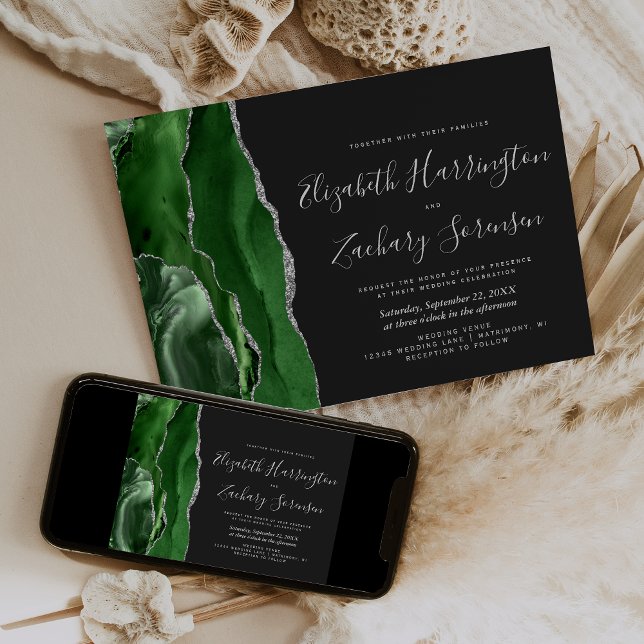 Invitation Mariage Moderne Vert Argent Agate Sombre (Créateur téléchargé)