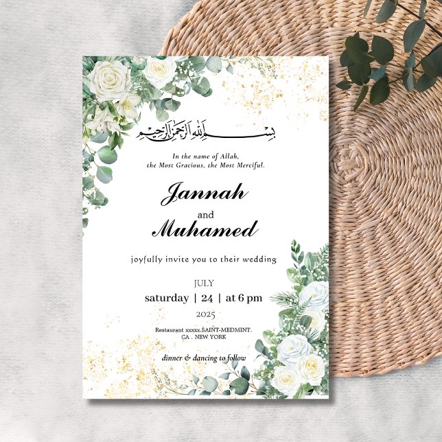 Invitation Mariage moderne vert blanc fleuri (Créateur téléchargé)