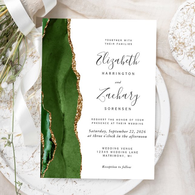 Invitation Mariage Moderne Vert Chasseur Agate Or (Créateur téléchargé)