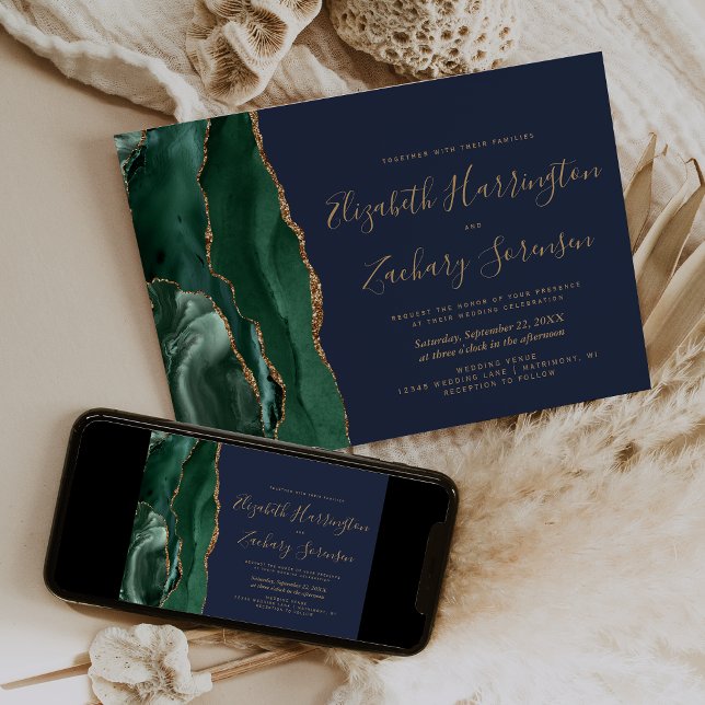 Invitation Mariage Moderne Vert Émeraude Agate Bleu Marine Or (Créateur téléchargé)