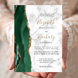 Invitation Mariage Moderne Vert Émeraude Agate Marbre Or