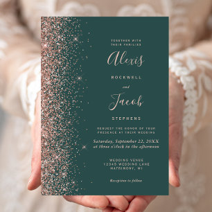 Invitation Mariage Moderne Vert Foncé avec Bordure Pailletée
