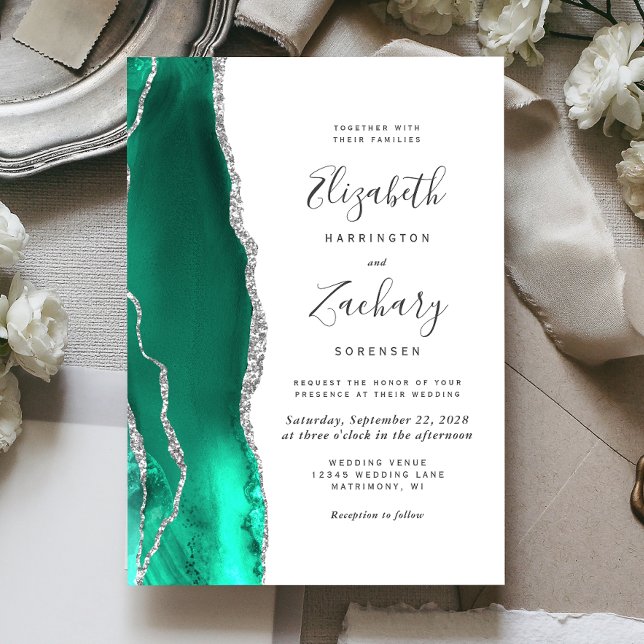 Invitation Mariage Moderne Vert Glaçon Agate Argent (Créateur téléchargé)