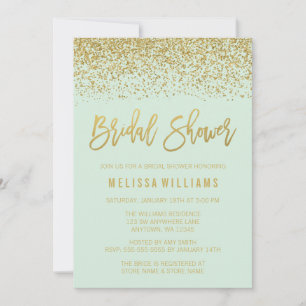Invitation Mariage moderne vert menthe fausse paillettes doré